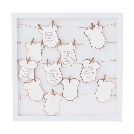 Wooden Babygrow Frame with 24 mini baby grows, perfect for collecting guest messages at baby showers, 40cm x 40cm.