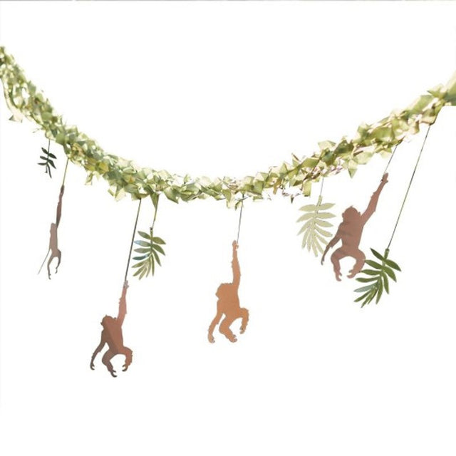 Vibrant 4m jungle backdrop with 14 monkeys and 16 leaf accents for a tropical-themed party or celebration.