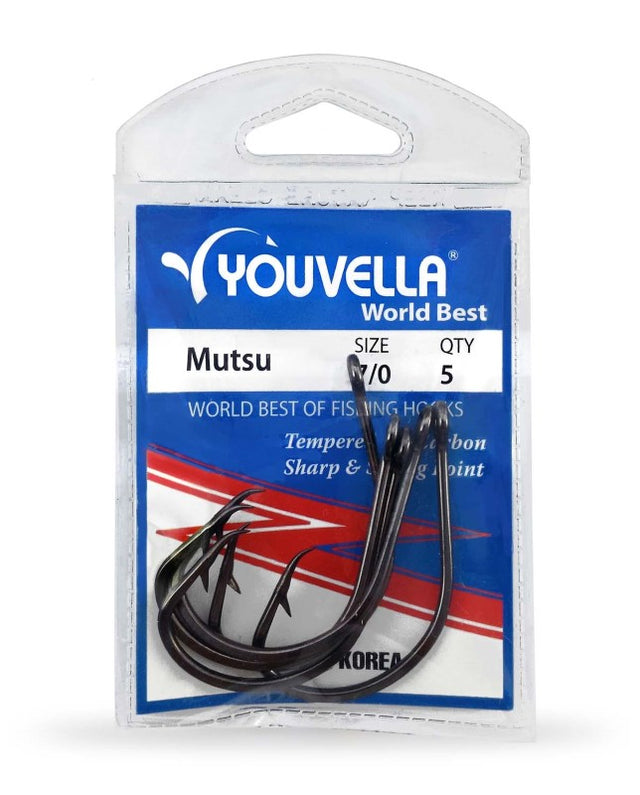 Youvella Mutsu 7/0 Hooks pack of 5, featuring sharp points and eco-friendly design for effective catch and release fishing.