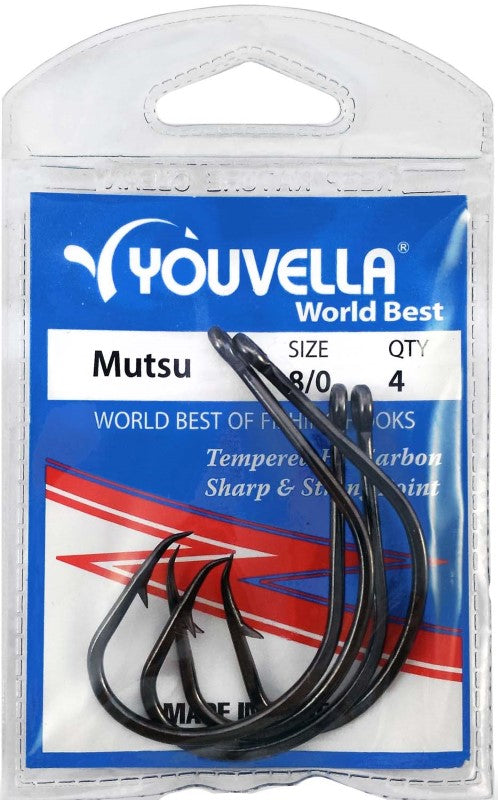 Youvella Mutsu 8/0 Hooks pack of 4, crafted from carbon steel with sharp points for precise, secure catch-and-release fishing.