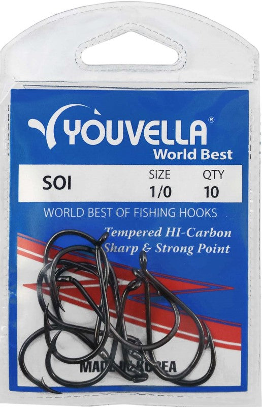 Youvella Soi 1/0 Hooks in a 10-pack, featuring a beak design and chemically sharpened points for reliable fishing performance.