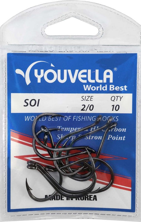 Youvella Soi 2/0 Hooks in a pack of 10, crafted from carbon steel with chemically sharpened points for superior fishing success.