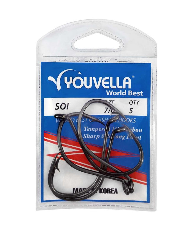 Youvella Soi 7/0 Hooks pack of 5 with offset tip and chemically sharpened points for optimal fishing performance.