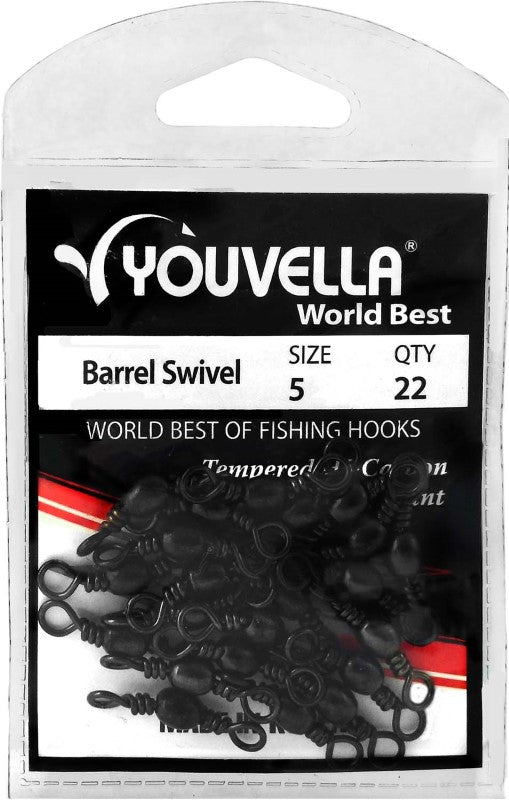 Youvella Barrel Swivel 5 in a pack of 22, designed for anglers to prevent line twist and enhance bait movement.