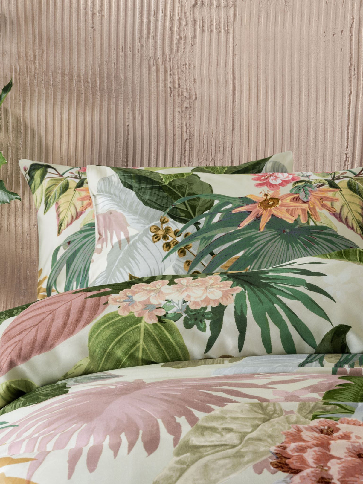 Luxurious Green Apple Amelia King Duvet Cover Set with tropical floral design on vanilla cotton sateen, included two pillowcases.