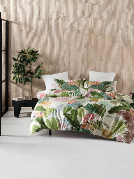 King duvet cover set in green apple with hand-painted tropical florals on a vanilla cotton sateen base, by Savona.
