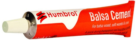 Humbrol Balsa Cement 24ml tube, a quick-drying adhesive for balsa wood and soft woods, ideal for model building and crafts.