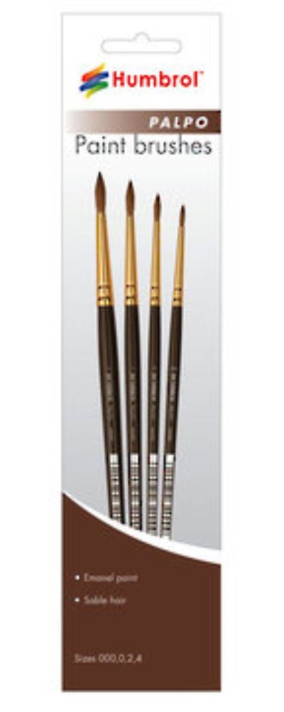 Premium Humbrol Palpo Brush Pack with natural sable hair brushes in sizes 000, 0, 2, and 4 for precise painting.