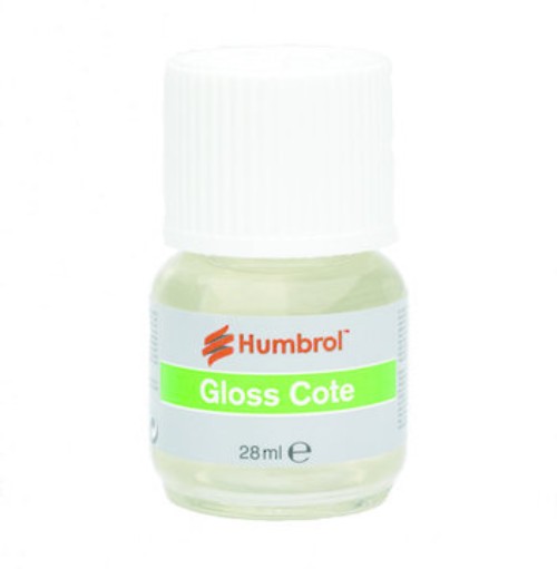 Humbrol Modelcote Glosscote 28ml bottle, a clear varnish for a high-gloss finish on models, resistant to yellowing.