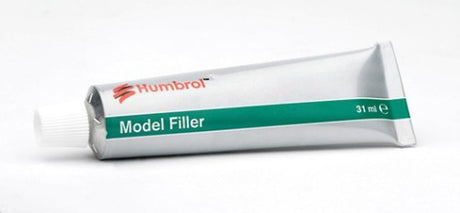 Humbrol Model Filler in a 31ml tube, ideal for filling gaps with quick drying time and easy sanding for model enthusiasts.