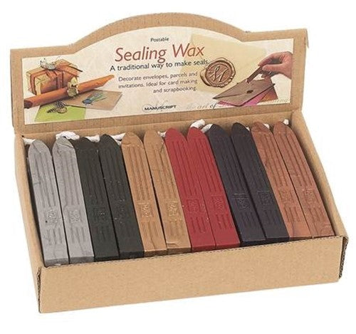 Colorful set of 36 Manuscript sealing wax sticks with wicks, perfect for sealing envelopes, invitations, and creative projects.