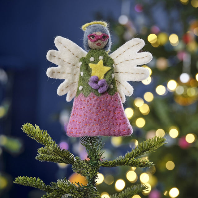 Handcrafted felt angel tree topper, 18.4cm tall, adds whimsical charm and eco-friendly spirit to your Christmas decor.