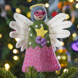 Handcrafted felt angel tree topper measuring 18.4cm, promoting fair trade and eco-friendly holiday decor.