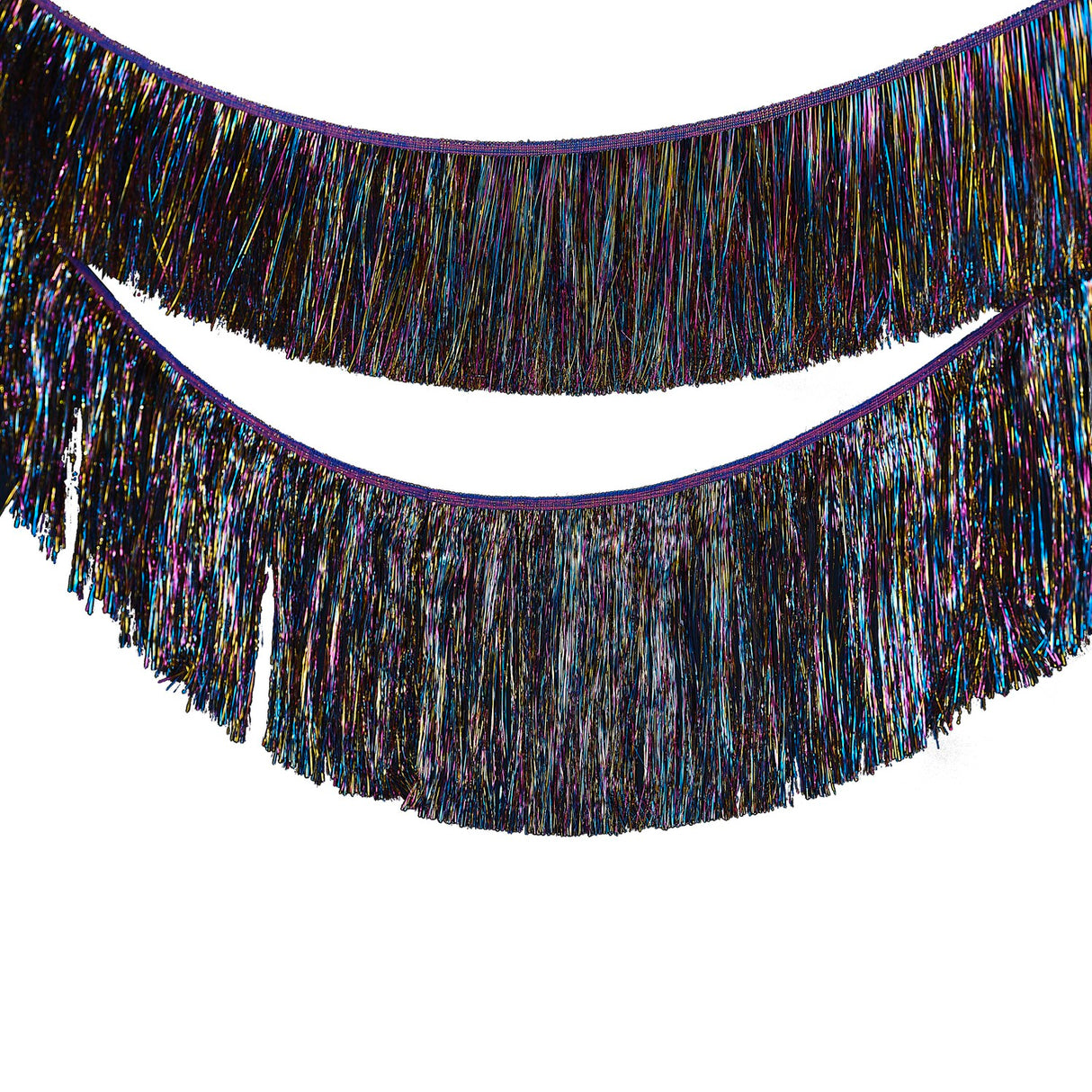 Vibrant multicolored tinsel garland for festive decor, measuring 20cm x 2m, with eco-friendly packaging.