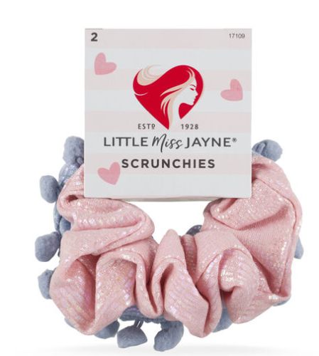 Glittery pink and blue scrunchies with pom poms, offering stylish comfort and a gentle hold for all hair types.