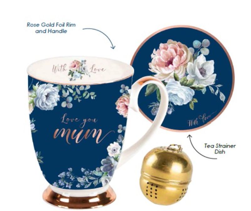 Elegant Midnight Rose Mum mug, dish, and strainer set featuring intricate floral designs for stylish dining and tea brewing.