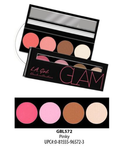 LA Girl Beauty Brick Blush - Pinky features four blendable shades, bronzer, and highlighter in sleek packaging with mirror.