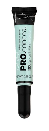 Mint green concealer tube with a creamy texture, designed to neutralize redness and blemishes for a flawless finish.