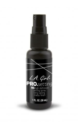 LA Girl Pro Setting Matte Finish Spray in a sleek bottle, designed for a long-lasting, non-sticky matte makeup finish.