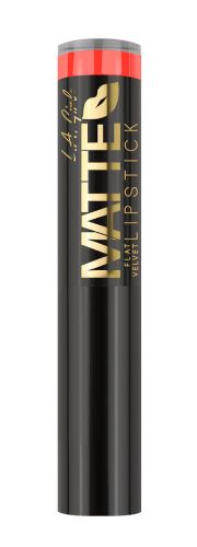 LA Girl Matte Flat Velvet Lipstick in Frisky showcases a bold, richly pigmented matte finish with hydrating shea butter for soft lips.