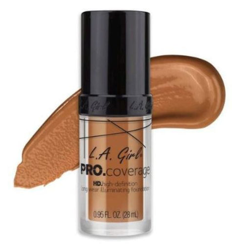 High-definition LA Girl Pro Coverage Foundation in Warm Caramel, offering full coverage and lightweight hydration for radiant skin.