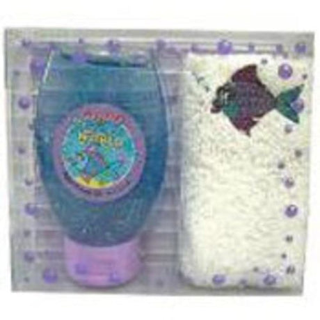 Funny Sea World Gift Set featuring a plush facecloth with embroidered purple fish and 95ml glittery Purple Sherbet shower gel.