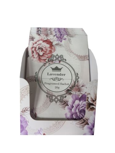 Lavender fragrant sachets in a 20g pack of 12, perfect for freshening drawers and luggage with a calming aroma.