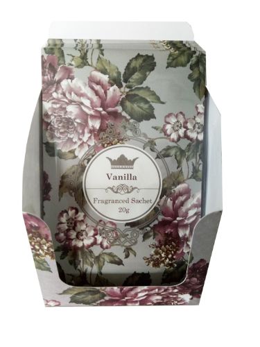 Pack of 12 vanilla fragrant sachets to freshen drawers and closets with a warm, soothing aroma.