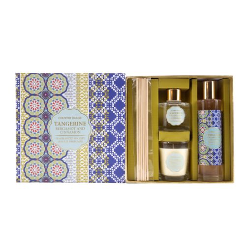 Refreshing CH Fragrance Gift Set - Tangerine with room spray, diffuser oil, candle, and reeds for a vibrant citrus ambiance.