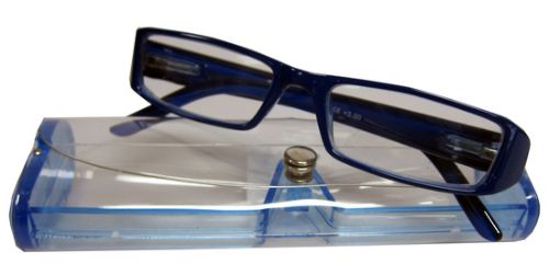 Stylish blue reading glasses with +1.00 magnification, housed in a protective case for comfort and portability.