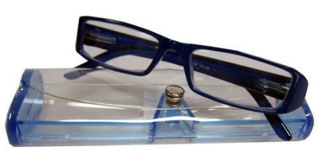 Vibrant blue reading glasses with +2.00 magnification, stylish case included for protection and portability.