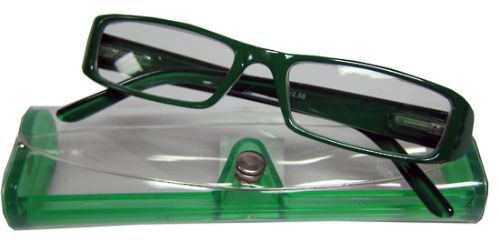 Stylish green reading glasses with +1.50 magnification, lightweight design, and convenient case for easy transport.