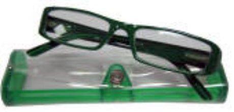 Vibrant green reading glasses +1.00 in a protective case, stylish and lightweight for comfortable reading anywhere.