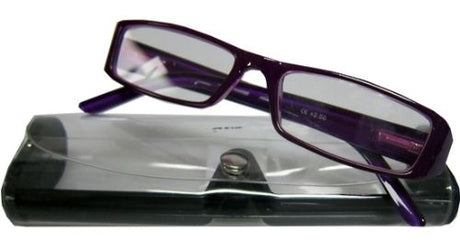 Purple +1.50 reading glasses in a stylish case, perfect for enhancing vision with comfort and flair.