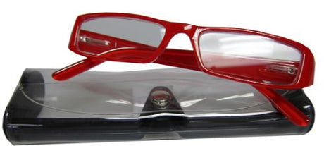 Vibrant red reading glasses in a stylish case with +1.50 magnification for comfortable reading and a trendy look.