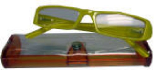 Yellow +1.50 reading glasses in a matching case, stylish design for comfortable close-up viewing.