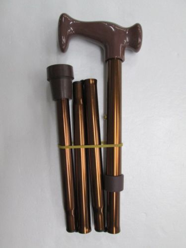 Adjustable brown folding walking stick, compact with ergonomic handle, supports users 82-92cm tall for added stability.