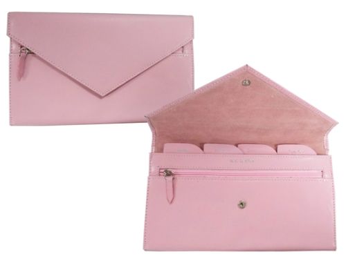 Light pink travel document wallet with compartments for passport, tickets, and insurance, perfect for organized travelers.