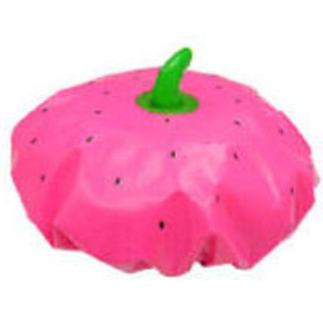 Colorful strawberry-patterned shower cap made of waterproof material, ensuring hair stays dry and stylish during showers or baths.