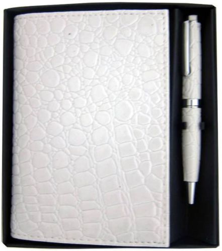 White crocodile-textured memo pad and pen set, perfect for stylish note-taking at home, office, or on-the-go.