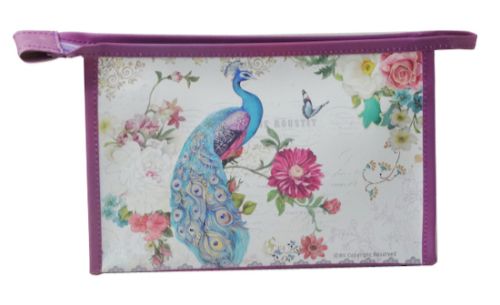 Chic peacock feather cosmetic bag for organizing beauty essentials, ideal for travel and everyday use, 24.5 x 7 x 17.2cm.