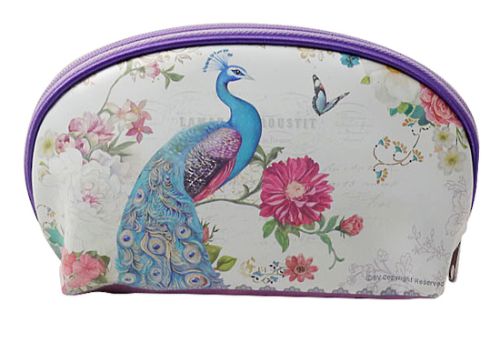 Vibrant peacock-themed cosmetic purse, 22 x 7 x 12.7cm, perfect for organizing beauty essentials on the go.