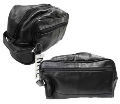 Stylish black PU leather men's toiletry bag with spacious compartments for grooming essentials, ideal for travel or gym.