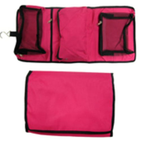 Stylish pink cosmetic bag measuring 58x27cm with ample space and a hook for convenient hanging; perfect for makeup and skincare.