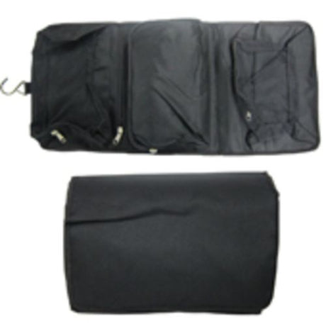 Sleek black cosmetic bag with multiple compartments for organizing beauty essentials, perfect for travel or everyday use.