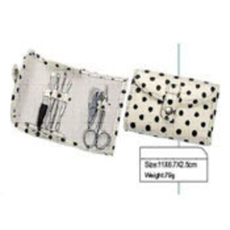 Stylish White/Black Polka Dot 6-piece manicure set with essential tools for flawless at-home nail care.