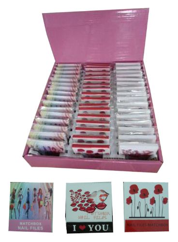 Mini Nail File Display with 48 stylish files in three designs for nail care, travel, and gifting.