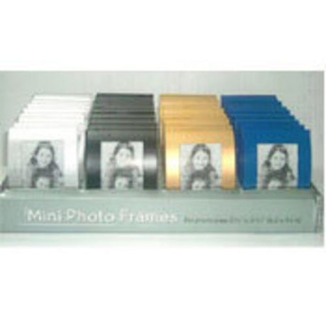 Mini Photo Frames Display - Set of 36 in silver, black, gold, and blue for showcasing 2.5" x 3.5" photos stylishly.