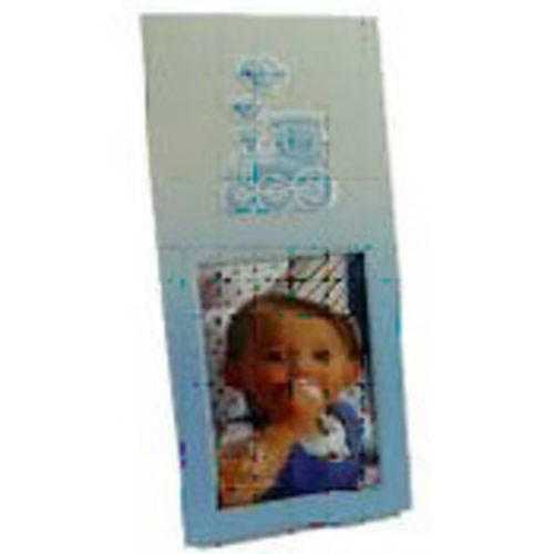 Aluminium baby photo frame featuring a charming blue train design, holds 2x3" photos to cherish precious moments.