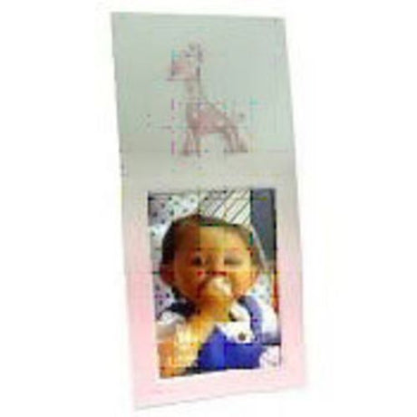 Pink giraffe baby photo frame, holds 2x3" photo, perfect for displaying cherished memories in nursery decor.